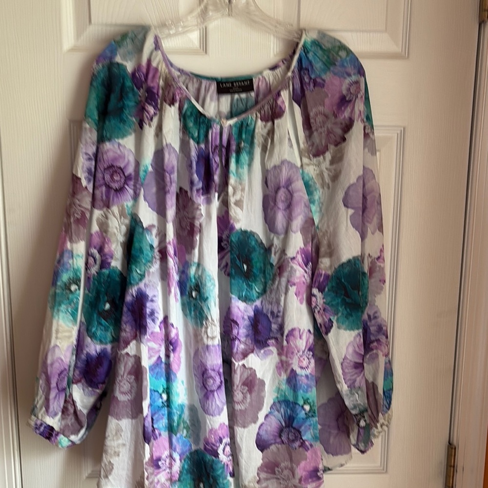 Lane Bryant Purple and Green Ruffled Blouse 3/4 Sleeve